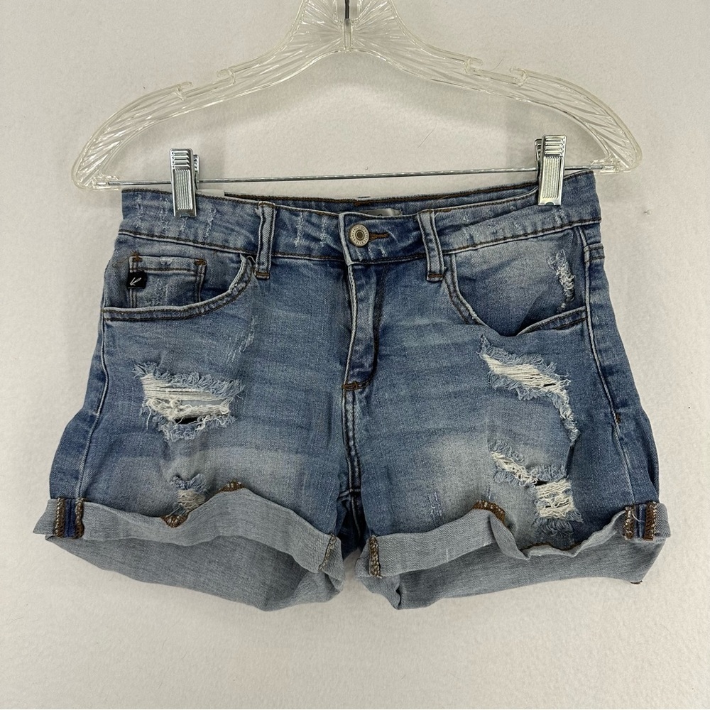 KanCan Mid Rise Distressed Jean Shorts Light Wash Womans 7 Blue